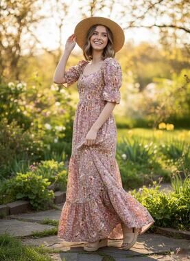 Inmod Pink Floral Puff Sleeve Open Tie Back Maxi Dress Small Romantic Feminine